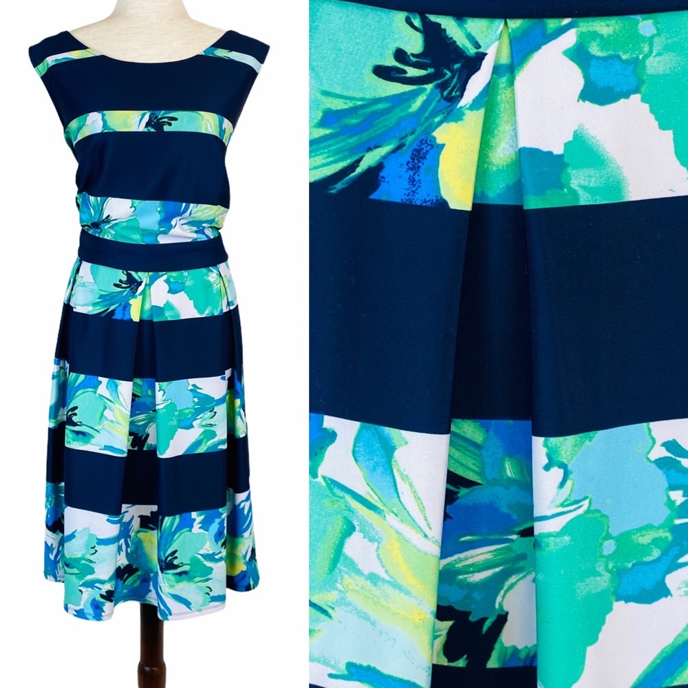 EUC Navy+Watercolor Floral Pleated Skater Dress